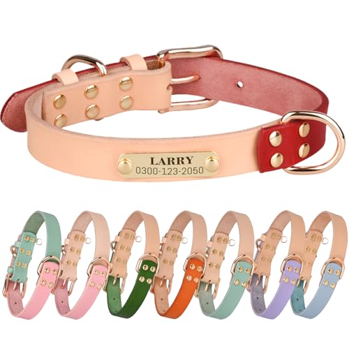 Yonsbox Hundehalsband Leder personalisiert mit Gravurplatte – Individuelles Echtleder Hundehalsband mit Namensschild & Telefonnummer, Geräuschloses Halsband für Hunde, Verstellbar & Robust von Yonsbox