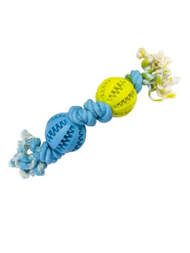 YooMuChan Pet Toys Zwei Bälle Zwei Knoten Hund Kauen Dauerhafte Gummi Zähne Reinigung Seil Blau+Gelb von YooMuChan