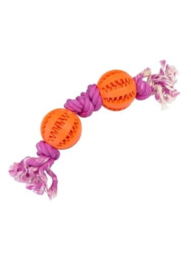 YooMuChan Pet Toys Zwei Bälle Zwei Knoten Hund Kauen Langlebig Gummi Zähne Reinigung Seil Orange Rosa von YooMuChan