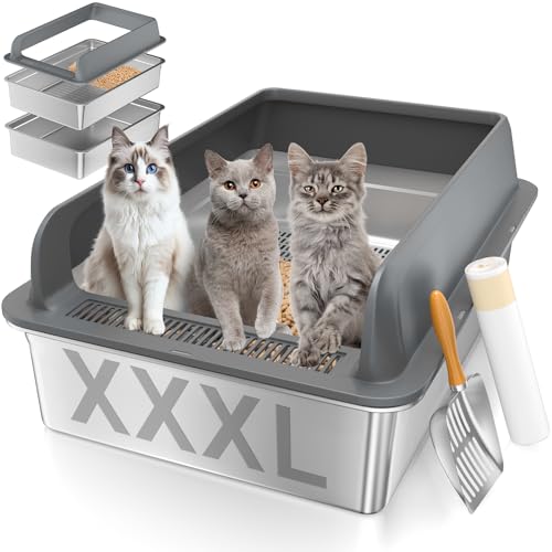 XXXL Edelstahl-Siebtoilette mit Deckel, 71,1 cm L × 50,8 cm B, extra große Sieb-Katzentoilette für Kiefernpellets & große Katzen und mehrere Katzen, Metall-Pelletsieb-Katzentoiletten-System zur von Yoochee