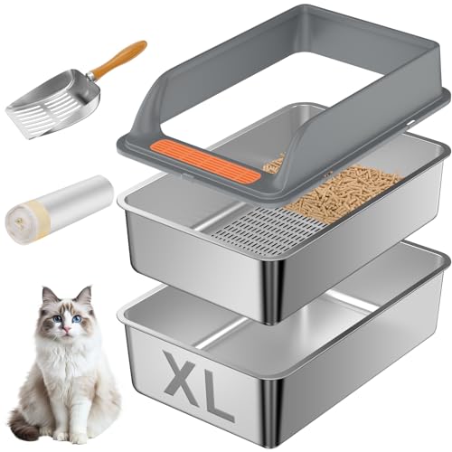 Edelstahl-Sieb-Katzentoilette mit Deckel, XL, extra groß, für Kiefernpellets und große Katzen, Metall-Pelletsieb, Katzentoiletten-System zur Geruchskontrolle, Siebbox-Einlagen und Schaufel von Yoochee