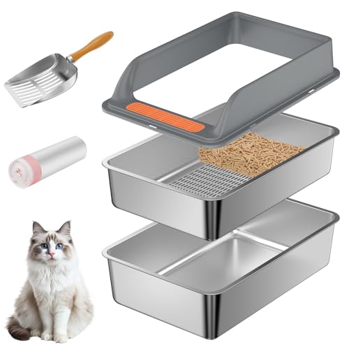 Edelstahl-Siebtoilette mit Deckel, mittlere Sieb-Katzentoilette für Kiefernpellets und große Katzen, Metall-Pelletsieb-Katzentoiletten-System zur Geruchskontrolle, Siebbox-Einlagen und Schaufel von Yoochee