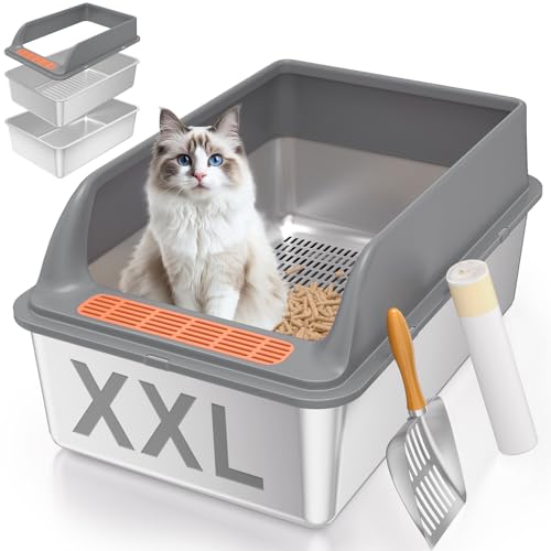 Yoochee Edelstahl-Siebtoilette mit Deckel, XXL-Sieb-Katzentoilette, extra groß für Kiefernpellets & große Katzen, Metallsieb-Katzentoiletten-System zur Geruchskontrolle, mit Siebkasten-Auskleidung und von Yoochee