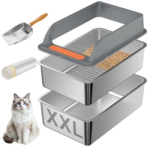 Edelstahl-Sieb-Katzentoilette mit Deckel, XXL, extra große Katzentoilette für Kiefernpellets und große Katzen, Metall-Pelletsieb, Katzentoiletten-System zur Geruchskontrolle, Siebbox-Einlagen und von Yoochee