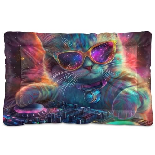 Bunte Katzen-DJ-Schlafmatte mit Plattenspielern, waschbar, weich, rutschfest, für mittelgroße und große Hunde, 91,4 x 61 cm von Yoogain