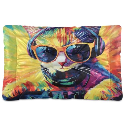 Buntes DJ-Katzenbett mit Drehtellern, waschbar, weich, bequem, rutschfeste Unterseite, für große, mittelgroße und kleine Hunde, 91,4 x 61 cm von Yoogain