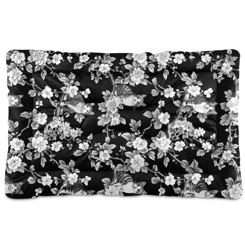 Haustier-Schlafmatte mit niedlichem Tier, Katze, Blumen, waschbar, weich, bequem, rutschfeste Unterseite, für große, mittelgroße und kleine Hunde, 91,4 x 61 cm, Schwarz von Yoogain