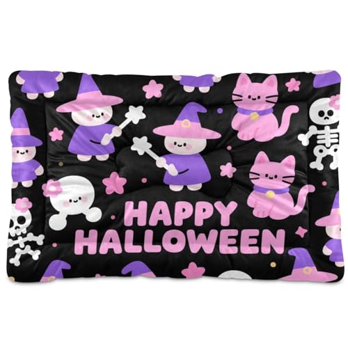 Haustier-Schlafmatte mit niedlicher Halloween-Hexe, waschbar, weich, bequem, rutschfeste Unterseite, Hundekäfig-Matte für mittelgroße und große Hunde, 91,4 x 61 cm, Rosa / Violett von Yoogain