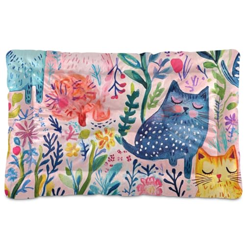 Hundebett, Motiv: bunte Cartoon-Katzen, waschbar, weich, bequem, rutschfeste Unterseite, Haustierbett für mittelgroße und große Hunde, 91,4 x 61 cm von Yoogain