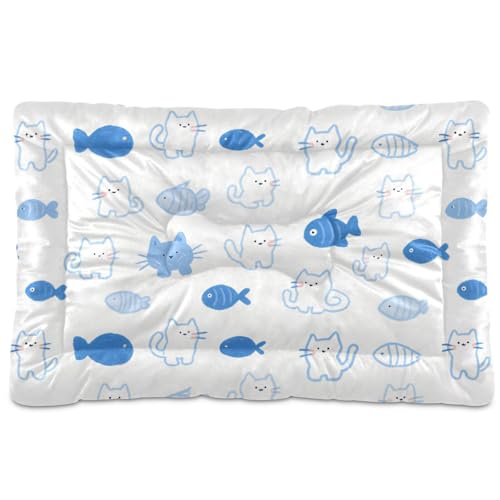 Hundebett, Motiv: niedliche Katzen, weiße Fische, waschbar, weich, bequem, rutschfeste Unterseite, Haustiermatte für mittelgroße und große Hunde, 91,4 x 61 cm von Yoogain