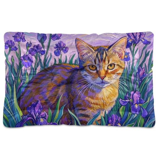 Hundebett, Motiv: niedliche braune Katze, violette Blumen, waschbar, weich, bequem, rutschfeste Unterseite, für große, mittelgroße und kleine Hunde, 91,4 x 61 cm von Yoogain