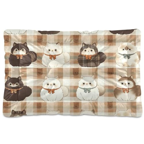 Hundehütte mit braunem Karomuster, niedliche Katzen, waschbar, weich, rutschfest, für große, mittelgroße und kleine Hunde, 91,4 x 61 cm von Yoogain