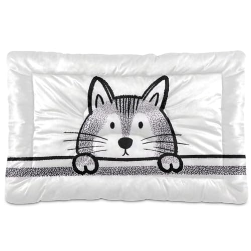 Minimalistische Strichfigur Katze, waschbar, Hundebett, Matte, weich, rutschfest, für mittelgroße und große Hunde, 91,4 x 61 cm, Weiß von Yoogain