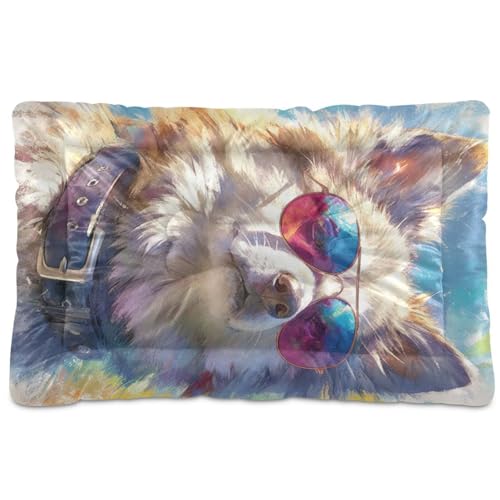 Weißer Husky-Hund mit Sonnenbrille, waschbar, Haustierbett, rutschfest, weich, bequem, Haustiermatte für mittelgroße und große Hunde, 91,4 x 61 cm von Yoogain