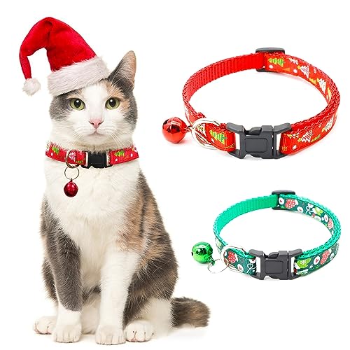 Yoolhamy 2 Pcs Weihnachten Katze Halsbänder Schnellspanner mit Glocke Einstellbare Kätzchen Halsband Grün und Rot Breakaway Katze Halsband Xmas Dekoration für Welpen Hunde Zubehör von Yoolhamy