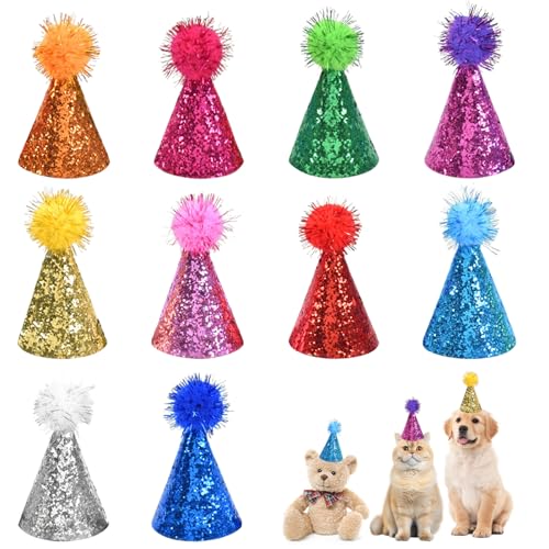 Geburtstagshut für Hunde, 10 Stück Mini-Partyhüte für Stofftiere, bunte Glitzer-Welpen- und Katzenhut mit verstellbarem Riemen für kleine Tiere und Plüsch-Teddys (12 x 7,5 cm (für kleine Hunde und von Yoolhamy