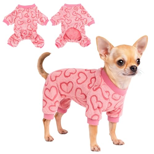 Yoolhamy Hunde-Pyjama für kleine Hunde und Katzen, Fleecepullover, Herz-Einteiler, Kleidung, weicher rosa Schlafanzug, Strampler, vierbeinig, Nachtwäsche, für Welpen, Chihuahua, Yorkie (rosa Herz, XL) von Yoolhamy