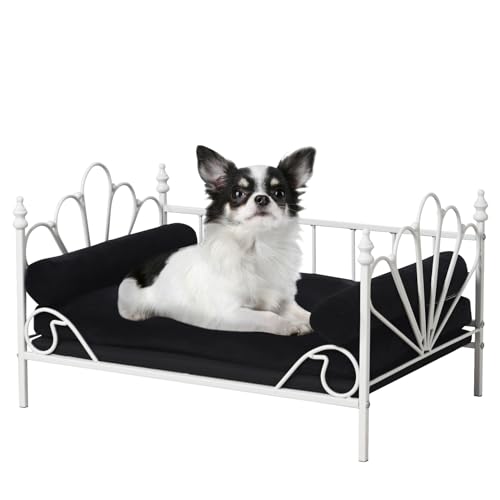 Haustiersofa, Katzenbett, Hundebett mit Metallrahmen und abnehmbarem weißem Samtkissen mit 2 Kissen für kleine Hunde (weiß) von Yoonnie room