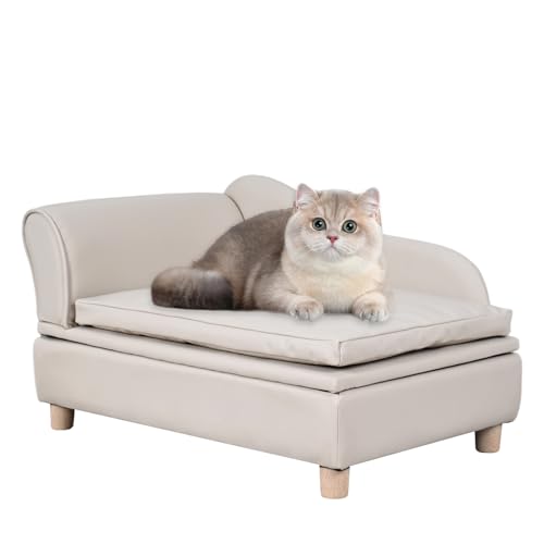 Yoonnie room Hundesofa und Stuhl aus PU-Leder mit Stauraum – Katzensofa mit Holzrahmen, Couch mit Kissen, kleines Haustierbett, Sofa für Welpen und Katzen (Perlweiß) von Yoonnie room