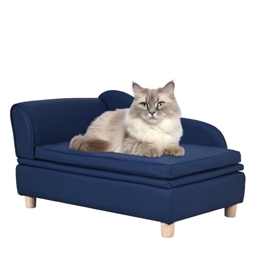 Yoonnie room Hundesofa und Stuhl aus PU-Leder mit Stauraum – Katzensofa mit Holzrahmen, Couch mit Kissen, kleines Haustierbett, Sofa für Welpen und Katzen (blau) von Yoonnie room