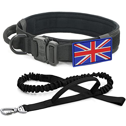 Taktisches Hundehalsband und Leine, Set – YoothBro K9 Militär-Hundehalsband mit UK-Flagge, Größe L, Schwarz von YoothBro