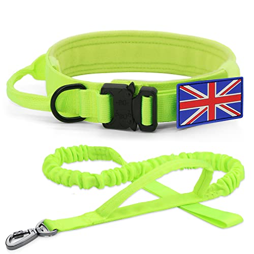 Taktisches Hundehalsband und Leine, Set – YoothBro K9 Militärisches Hundehalsband mit UK-Flagge, Fluo-Grün, L von YoothBro