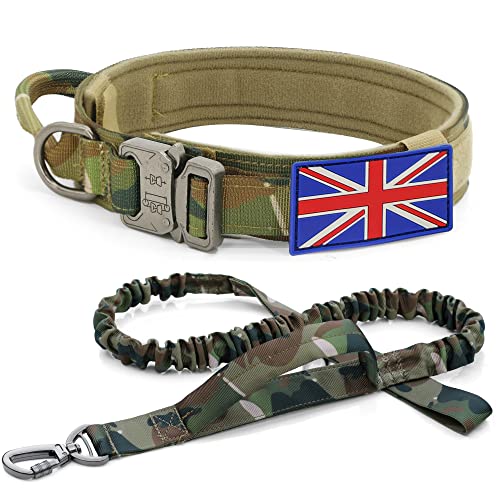 Taktisches Hundehalsband und Leine Set - YoothBro K9 Militärisches Hundehalsband mit UK-Flagge, verstellbares Nylon-Hundehalsband mit robuster Metallschnalle für mittelgroße große Hunde, Camo, L von YoothBro