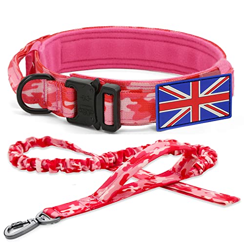 Taktisches Hundehalsband und Leine Set - YoothBro K9 Militärisches Hundehalsband mit UK-Flagge, verstellbares Nylon-Hundehalsband mit robuster Metallschnalle für mittelgroße große Hunde, Rosa, XL von YoothBro