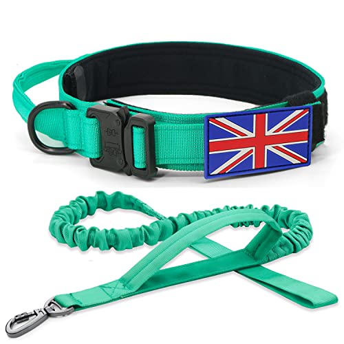 Taktisches Hundehalsband und Leine Set - YoothBro K9 Militärisches Hundehalsband mit UK-Flagge, verstellbares Nylon-Hundehalsband mit robuster Metallschnalle für mittelgroße und große Hunde, Aqua, L von YoothBro