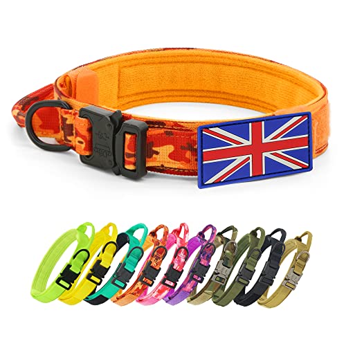 YoothBro Taktisches Hundehalsband mit UK-Flaggenaufnäher, K9 Militärisches Hundehalsband mit 1 Airtag-Hülle, Nylonhalsband mit robuster Metallschnalle für mittelgroße große Hunde, Camo Orange, XL von YoothBro
