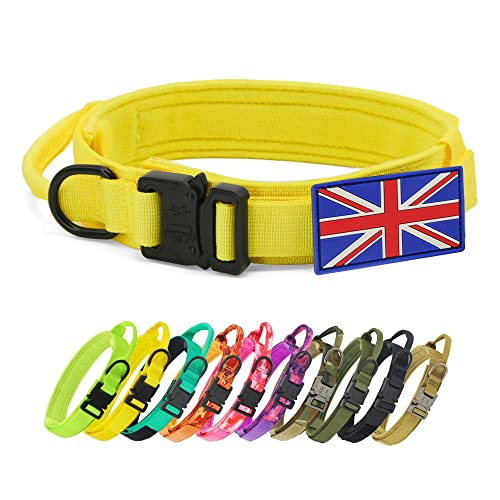 YoothBro Taktisches Hundehalsband mit UK-Flaggenaufnäher, K9 Militärisches Nylonhalsband mit robuster Metallschnalle für mittelgroße große Hunde, Gelb, M von YoothBro