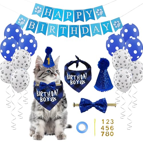 Süßes Katzen Geburtstagsset Komplettset - Niedliche Haustier Party Dekoration mit Hut, Bandana, Fliege, Banner, Ballons & Zahlen für Katze, Hund, Kleintier (Blau) von Yootiko