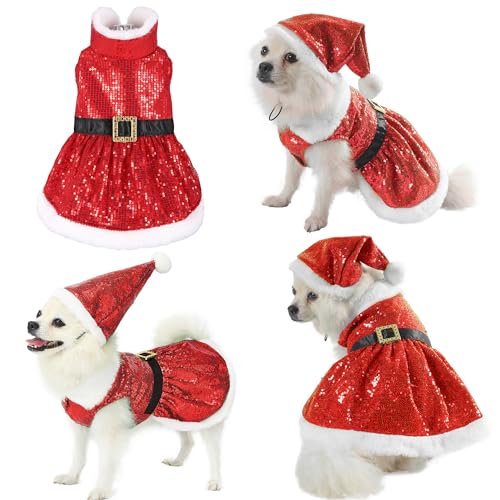Yoption Christmas Mrs. Claus Pailletten Hundekleid und Hut Set, Weihnachtsfeier Hund Katze Kostüme Lustige Welpen Xmas Party Cosplay Outfits (Rot, L) von Yoption