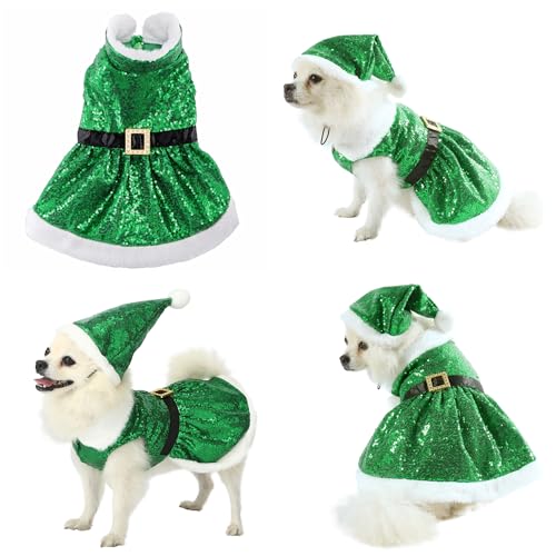 Yoption Weihnachten Pailletten Hundekleid und Hut Set, Weihnachtsfeier Hund Katze Kostüme Lustige Welpen Xmas Party Cosplay Outfits (Grün, L) von Yoption