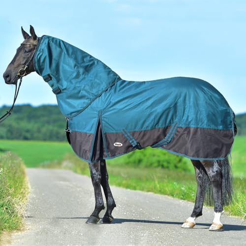 York Saskia Regendecke mit Halsteil Outdoordecke 100 g (145 cm) für Pferd, Wasserdicht, Atmungsaktiv, Ripstop-Material (600 Denier), Türkis, Unisex, Klassisch, Ripstop/Nylon von York