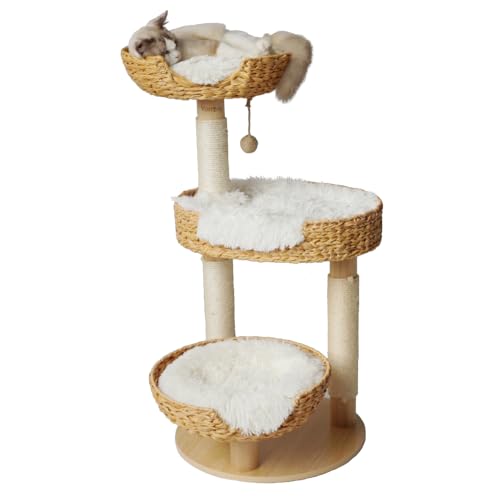 Yorrbily Kratzbaum 99 cm Katzenturm mit Sisal überzogenem Kratzbaum aus Echtholz, handgewebtes PE-Rattan, 3 Körbe, Sitzstangen mit gemütlichem Kissen, Katzenkletterbaum, Katzenkratzbaum (weißes Kissen von Yorrbily