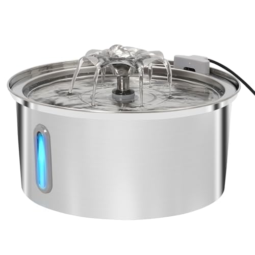3.2L Trinkbrunnen für Katzen Edelstahl mit Sichtfenster, Ultra Leise Pumpe, 5 Ersatzfilter, Zirkulierendes Wasser von Yosamy