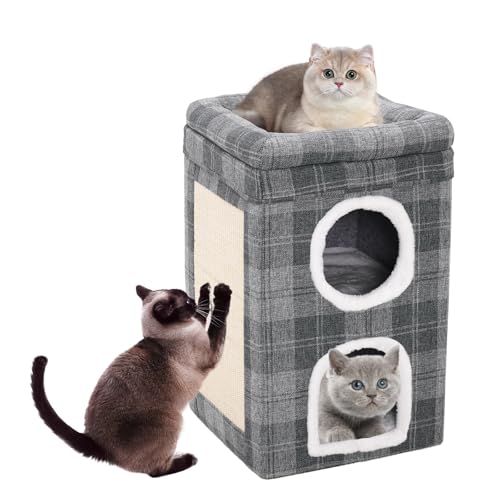 Faltbares Katzenhaus mit Würfel, 3-stöckiges Katzenhaus für den Innenbereich, große Katzenhöhle mit Kratzbrett und Kissen, für kleine Hunde und Welpen geeignet (40 x 40 x 60 cm) von Yosamy