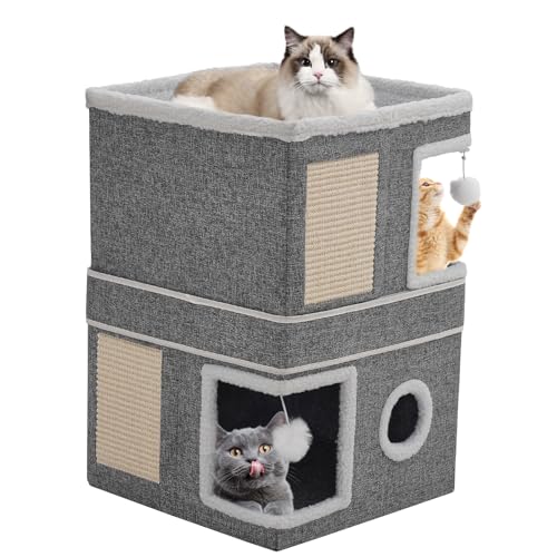 Katzenhaus Indoor, Katzenhöhle für Mehrere Katzen, Faltbarer Katzenhaus mit Kratzbrett, Spielball, Dreistöckiges Würfelkatzenhaus, 40x40x63 cm Grau von Yosamy