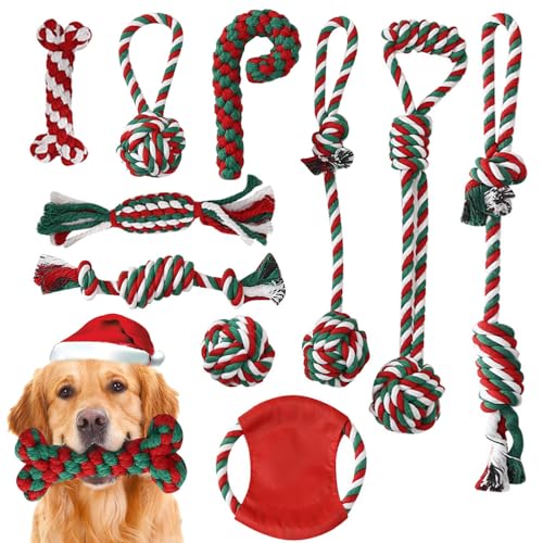 YouTik Weihnachts-Hundespielzeug, Seilspielzeug, 11 Packungen, Seil, Kauspielzeug, interaktives, unzerstörbares Schleifen, Zahnen, aggressives Kauspielzeug, langlebiges Seilspielzeug von YouTik
