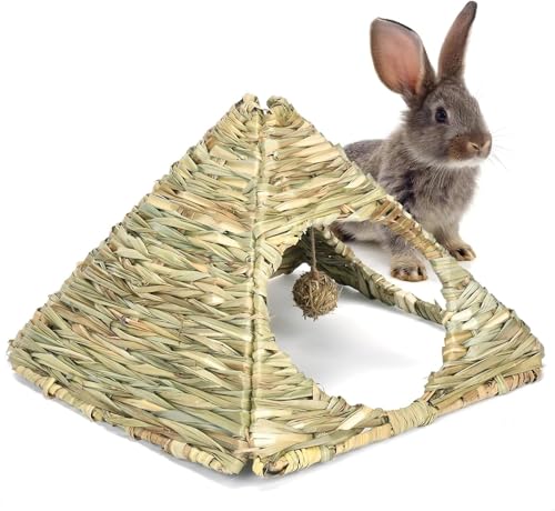 Young Wolf 2 Set Gras Faltbare gewebte Tierhütte Häschen Dreieck Haus Spiel Versteck Bett Heu Matte Kauspielzeug für Kaninchen, Meerschweinchen, Rennmäuse, Hamster und Kleintiere von Young Wolf