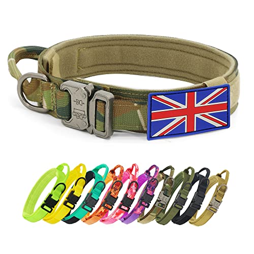 Taktisches Hundehalsband mit UK-Flagge – YoothBro K9 Militärisches Hundehalsband mit 2 Flicken, verstellbares Nylon-Hundehalsband mit robuster Metallschnalle für mittelgroße und große Hunde, Camo, L von YoothBro