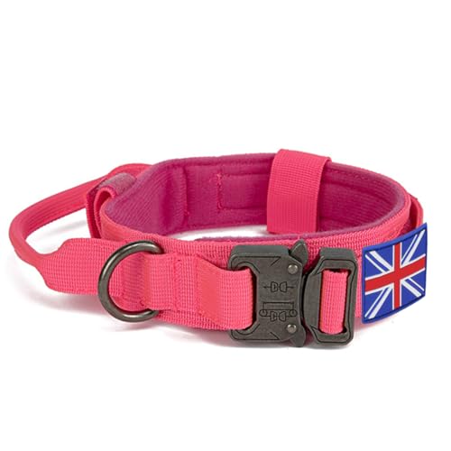 YouthBro K9 Militärisches Hundehalsband mit UK-Flagge, verstellbares Nylon-Hundehalsband mit robuster Metallschnalle für mittelgroße und große Hunde, Pink, M von YouthBro