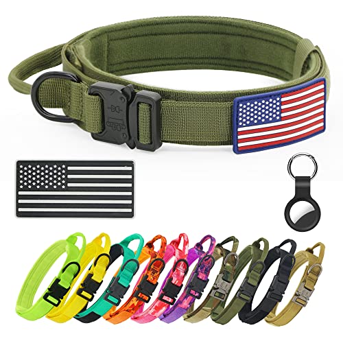 YouthBro Taktisches Hundehalsband mit Zwei US-Flaggenaufnäher, K9 Militärisches Hundehalsband mit 1 Airtag-Hülle, Nylonhalsband mit robuster Metallschnalle für mittelgroße große Hunde, Grün, XL von YouthBro
