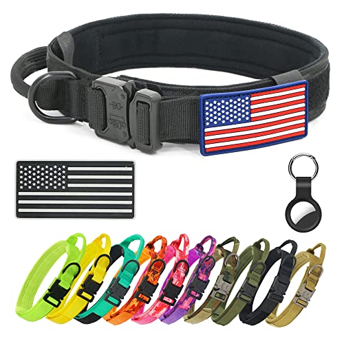 YouthBro Taktisches Hundehalsband mit Zwei US-Flaggenaufnäher, K9 Militärisches Hundehalsband mit 1 Airtag-Hülle, Nylonhalsband mit robuster Metallschnalle für mittelgroße große Hunde, Schwarz, XL von YouthBro