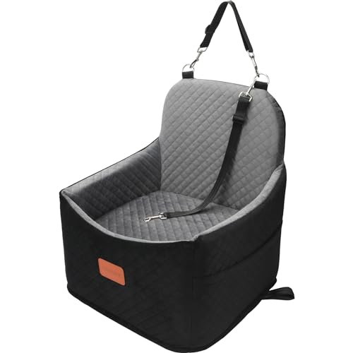Youvee Hunde-Autositz – 15,2 cm erhöhter Haustier-Autositz für kleine Hunde bis zu 13,6 kg, bequeme Aufbewahrungstasche (außen schwarz, innen grau) von Youvee