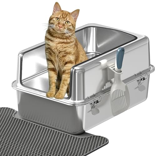 Youyijia XL Katzentoilette Edelstahl, 30L Katzentoilette mit spritzwassergeschützt Deckel, großem Metall-Streubehälter, Streumatte und Streuschaufel, große und mittelgroße Katzen, 59,5 x 39,5 x 30 cm von Youyijia