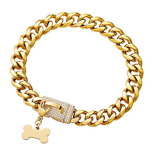 Goldfarbenes Hundehalsband mit glitzernder Zirkon-Schnalle, 19 mm starker Edelstahl, kubanische Gliederkette, Hundehalsband für kleine, mittelgroße und große Hunde Goldfarbenes Hundehalsband mit glitzernder Zirkon-Schnalle, 19 mm starker Edelstahl, kubanische Gliederkette, Hundehalsband für kleine, mittelgroße und große Hunde von Yowity