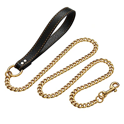 Starke Edelstahl-Hundeleine mit Goldkette, mit Ledergriff, 12 mm breit, 18 Karat vergoldet, NK-Gliederkette, Metallleine für kleine, mittelgroße und große Hunde Starke Edelstahl-Hundeleine mit Goldkette, mit Ledergriff, 12 mm breit, 18 Karat vergoldet, NK-Gliederkette, Metallleine für kleine, mittelgroße und große Hunde von Yowity