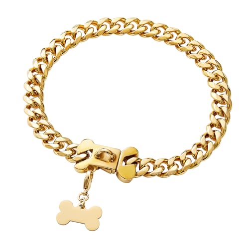 Yowity Hundehalsband, 15 mm breit, starke Edelstahlschnalle, goldfarben, 18 Karat vergoldet, kubanische Gliederkette, für große Hunde, 61 cm Yowity Hundehalsband, 15 mm breit, starke Edelstahlschnalle, goldfarben, 18 Karat vergoldet, kubanische Gliederkette, für große Hunde, 61 cm von Yowity